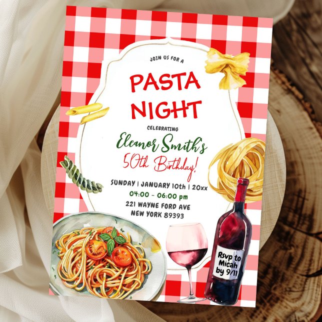 Pasta Night and Wine Adult Birthday Dinner Invitation (Creator Uploaded)