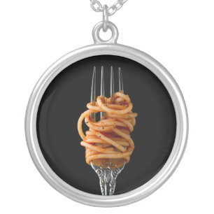Pasta spun on a Fork, Food Spaghetti Silver Plated Necklace