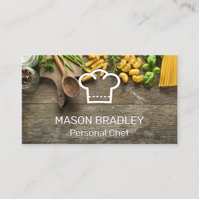 Pastas on Table | Chef Hat Logo Business Card (Front)
