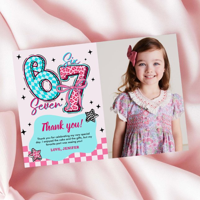 Pastel 67 Six Seven Girl Birthday Party Photo Thank You Card (Creator Uploaded)