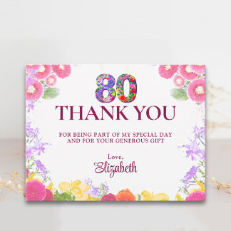 Pastel 80th Birthday Thanks Watercolor Flowers Postcard