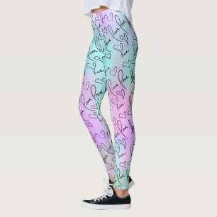 Pastel Abstract and Love Hand Lettering Hearts Leggings