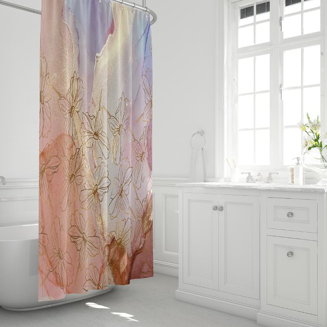 Pastel Abstract Art Gold Foil Flowers Shower Curtain (Creator Uploaded)
