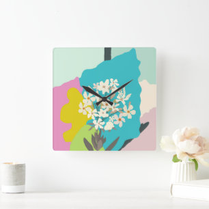 Pastel Abstract Artistic Floral Colour Blocks  Square Wall Clock