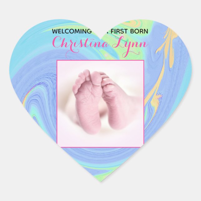Pastel Abstract Welcome New Born with Custom Photo Heart Sticker (Front)