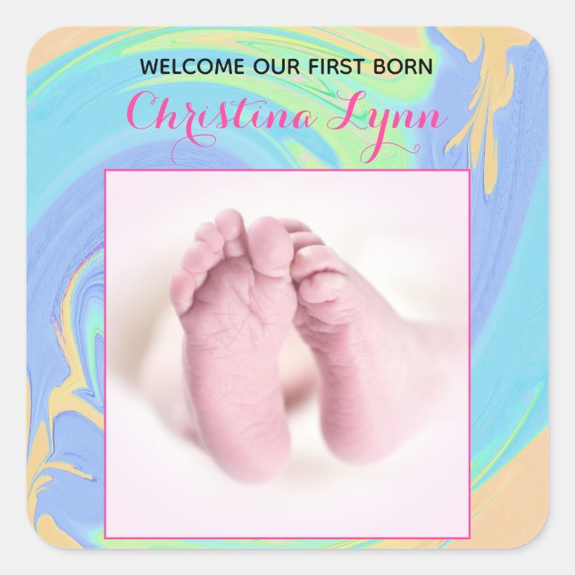 Pastel Abstract Welcome New Born with Custom Photo Square Sticker (Front)