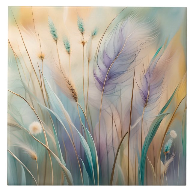 Pastel Abstract Whispers of Nature, Grasses III Tile (Front)
