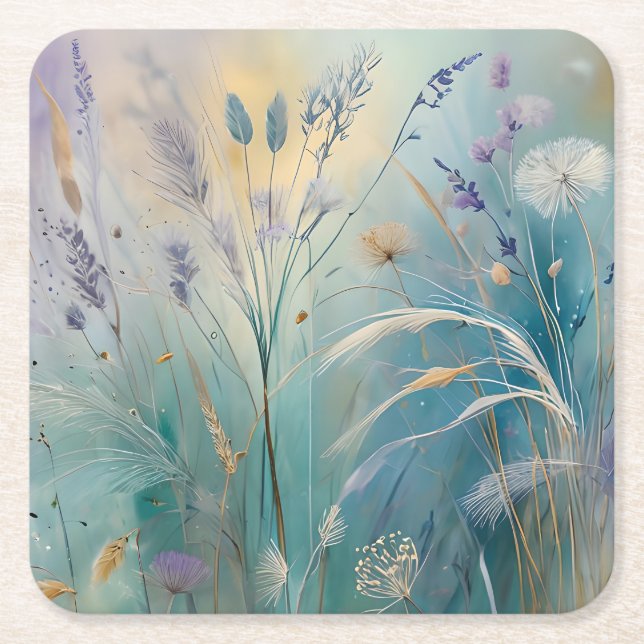 Pastel Abstract Whispers of Nature, Grasses Square Paper Coaster (Front)