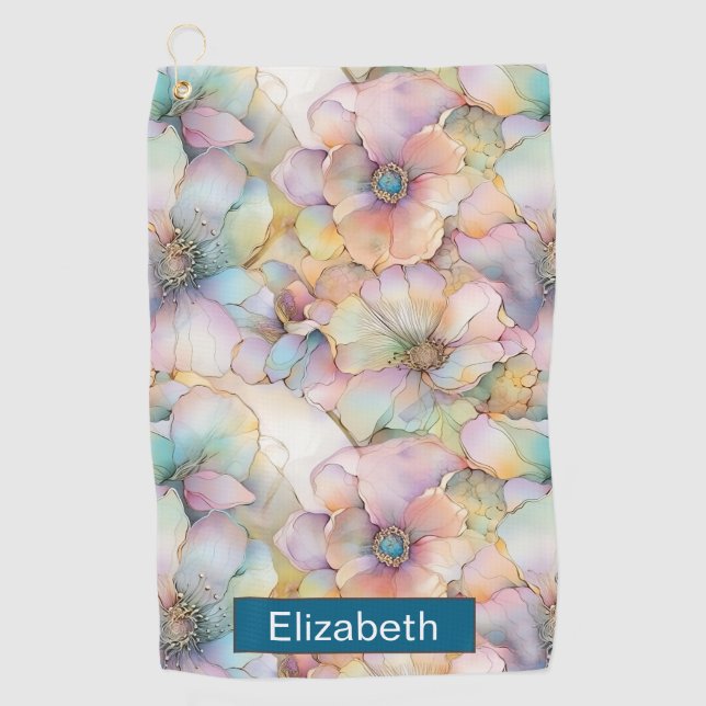 Pastel Alcohol Ink Floral Personalized Golf Towel (Front)