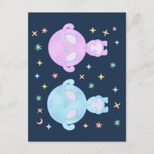 Pastel Alien Twin Sisters Cute Cosmic Kawaii Art Postcard
