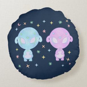 Pastel Alien Twin Sisters Cute Cosmic Kawaii Art Round Cushion