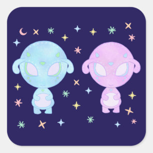 Pastel Alien Twin Sisters Cute Cosmic Kawaii Art Square Sticker