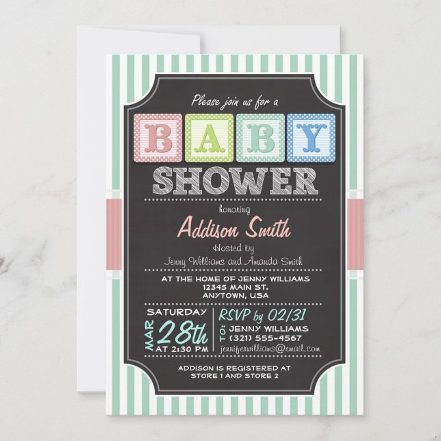 Pastel Alphabet Blocks Chalkboard look Baby Shower Invitation (Front)