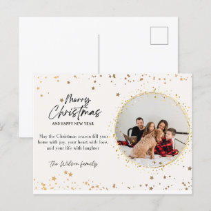 Pastel  and Gold Aesthetic Modern Family Photo Joy Announcement Postcard