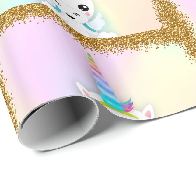 Pastel and Gold Glitter Unicorn Wrapping Paper (Roll Corner)