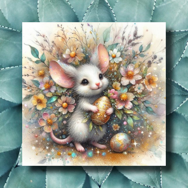 Pastel and Gold Sparkle Mouse and Easter Eggs  Holiday Card (Creator Uploaded)
