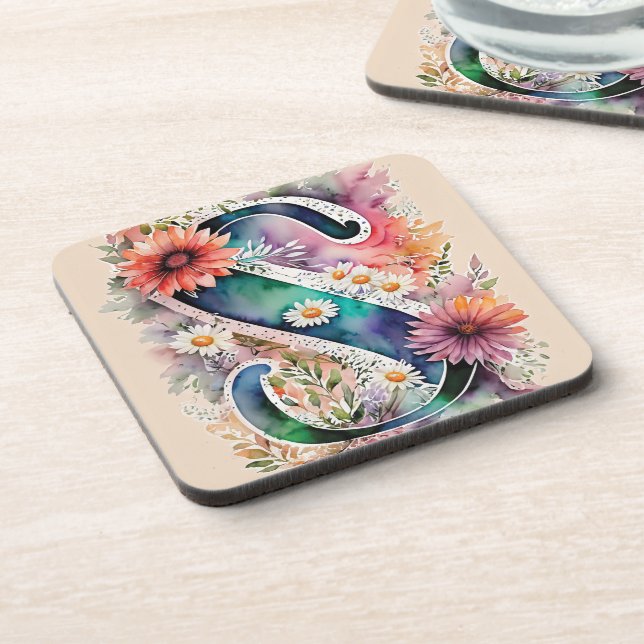 Pastel and Jewel Tone Watercolor Flowers Monogram Coaster (Left Side)