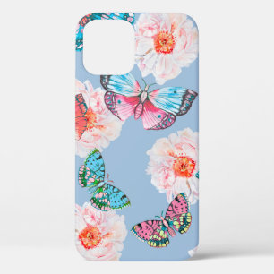 Pastel anemones and butterflies colourful watercol iPhone 12 case