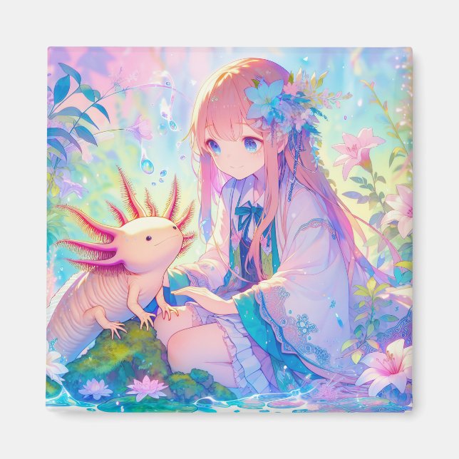 Pastel Anime Girl and an Axolotl Personalised Magnet (Front)
