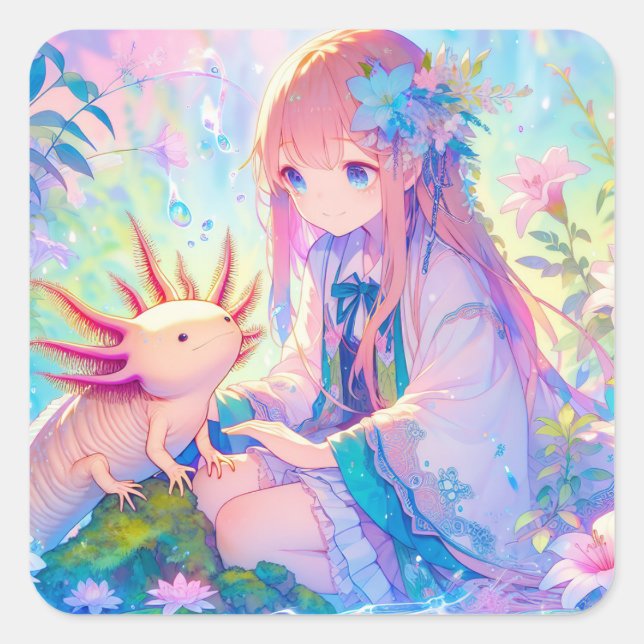 Pastel Anime Girl and an Axolotl Personalised Square Sticker (Front)