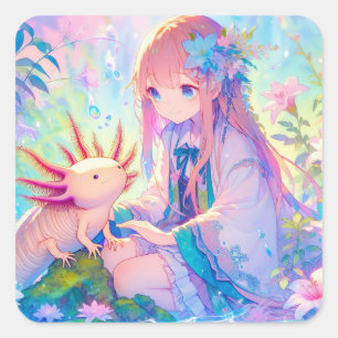 Pastel Anime Girl and an Axolotl Personalized Square Sticker