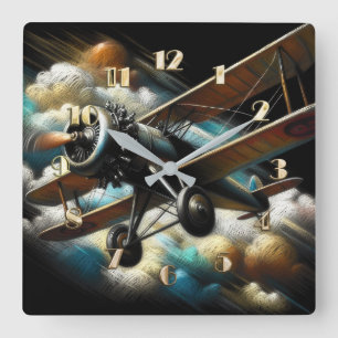  Pastel Antique Biplane Aeroplane Aeroplane Square Wall Clock