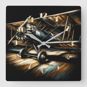  Pastel Antique Biplane Aeroplane Aeroplane Square Wall Clock