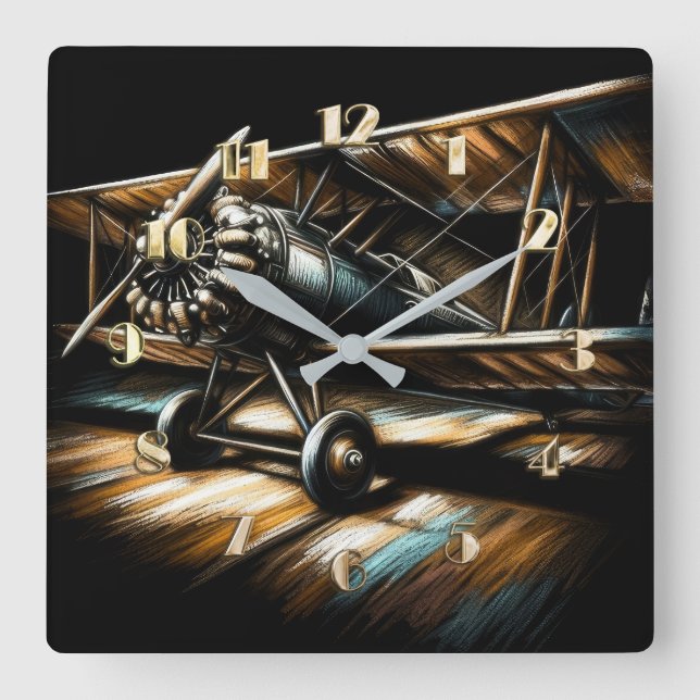 Pastel Antique Biplane Aeroplane Aeroplane Square Wall Clock (Front)