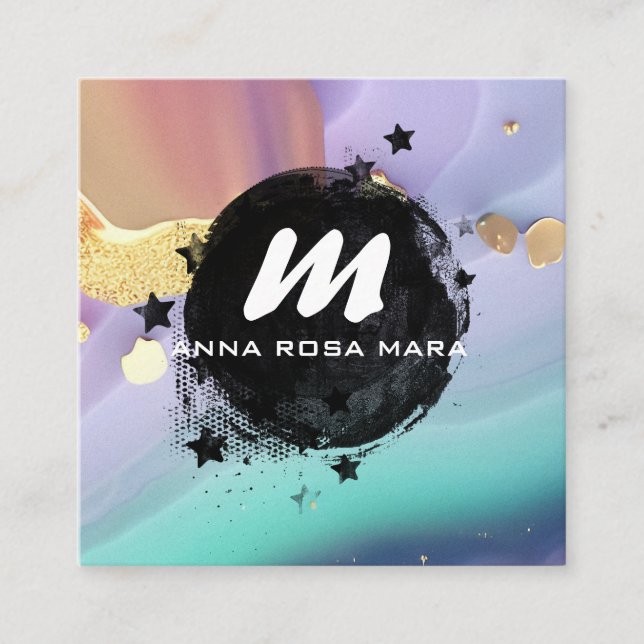 *~* Pastel AP66 Gold Glitter QR Rainbow Agate Square Business Card (Front)