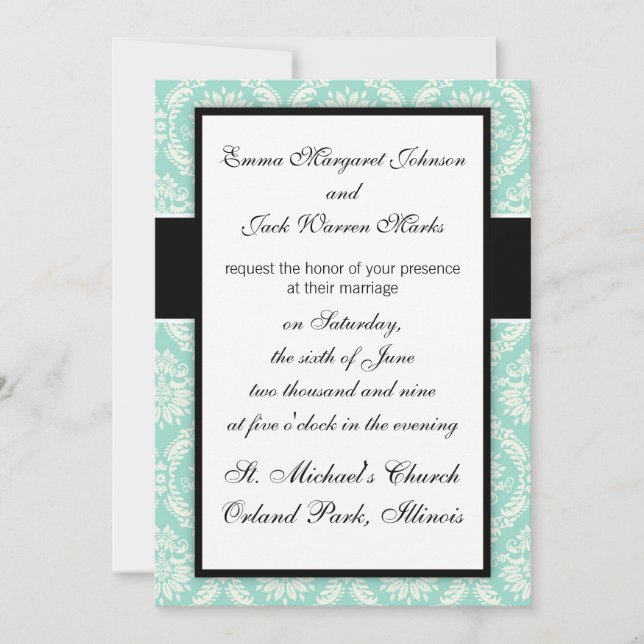 pastel aqua and cream fleur elegant damask invitation (Front)