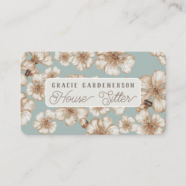 Pastel Aqua Blossoms House Sitter  Business Card (Front)