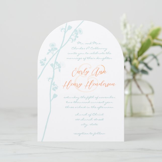 Pastel Aqua Blue Blush Coral Flower Wedding Invite (Standing Front)