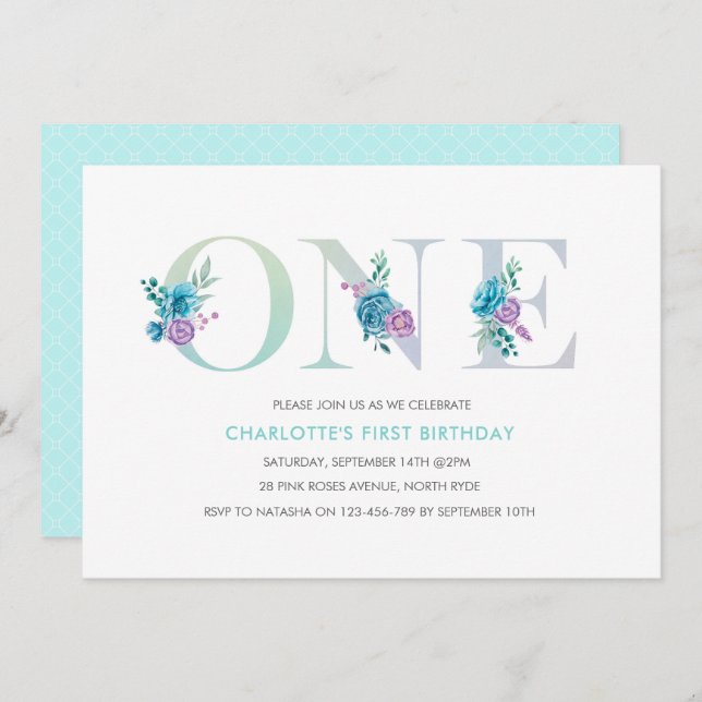 Pastel Aqua blue first Birthday Invitation (Front/Back)