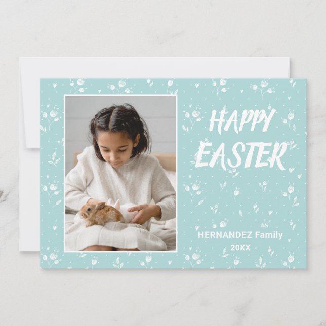 Pastel Aqua Floral Pattern Photo Happy Easter Holiday Card (Front)