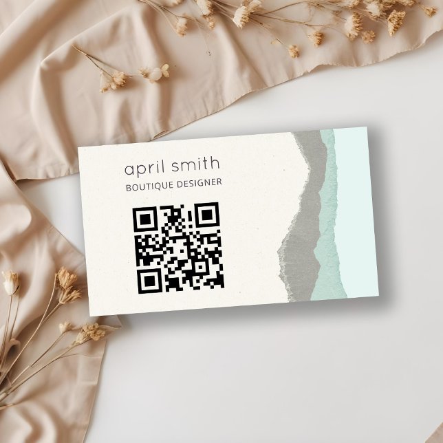 Pastel Aqua Grey Kraft Mountain Wave QR Code Business Card (Creator Uploaded)