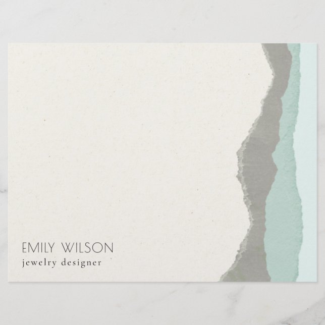 Pastel Aqua Grey  Kraft Mountain Wave Torn Edge Custom Letterhead (Front)