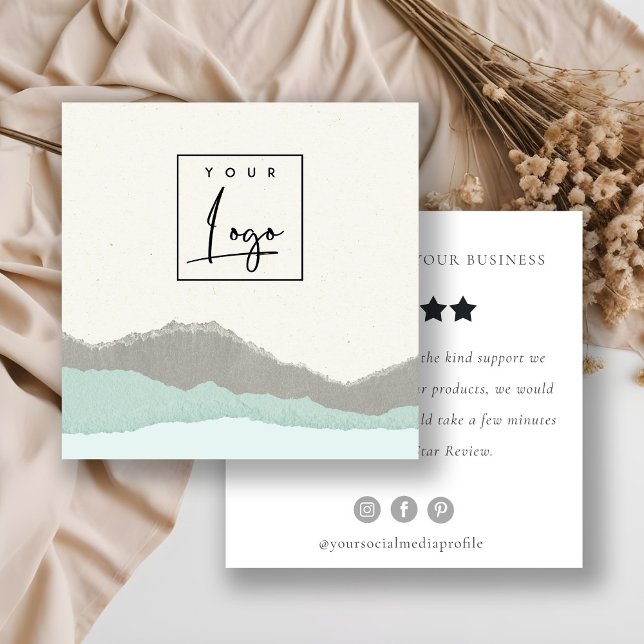 Pastel Aqua Kraft Mountain Logo Review Request Square Business Card (Creator Uploaded)