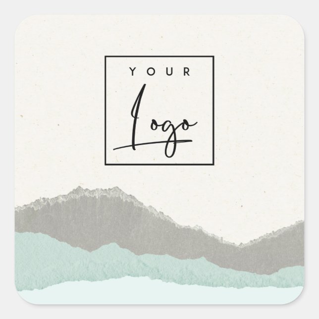 Pastel Aqua Kraft Mountain Wave Torn Edge Logo Square Sticker (Front)