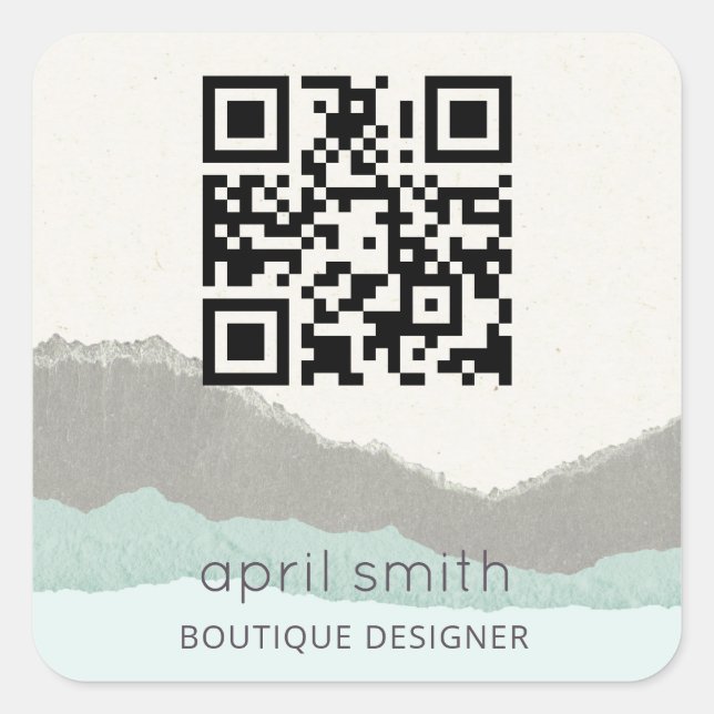 Pastel Aqua Kraft Mountain Wave Torn Edge QR Code Square Sticker (Front)