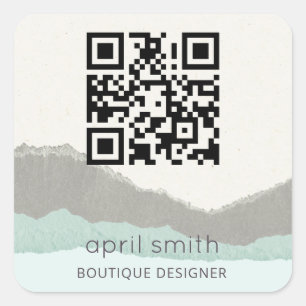 Pastel Aqua Kraft Mountain Wave Torn Edge QR Code Square Sticker