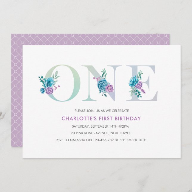 Pastel Aqua Purple first Birthday Invitation (Front/Back)