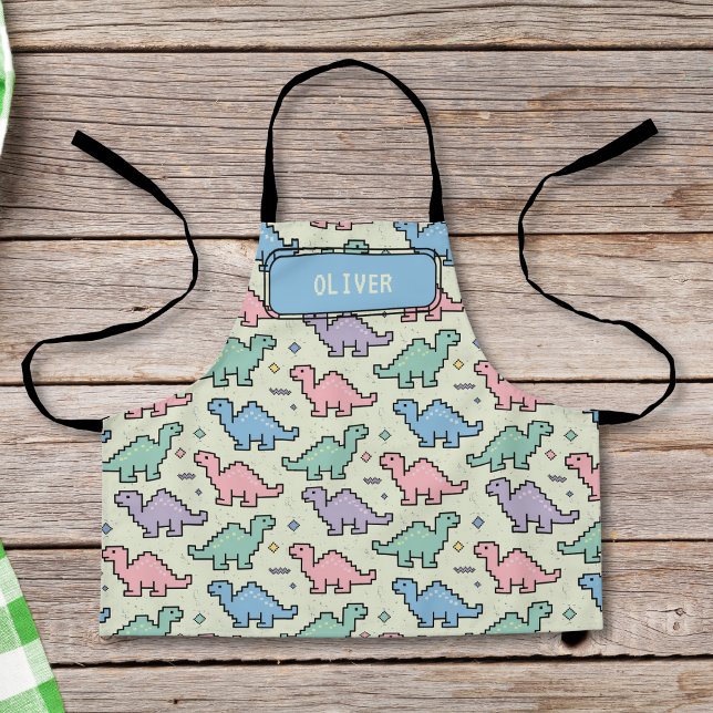 Pastel Arcade Dinosaur Pixel Silhouettes Pattern Apron (Creator Uploaded)