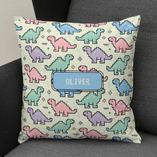 Pastel Arcade Dinosaur Pixel Silhouettes Pattern Cushion