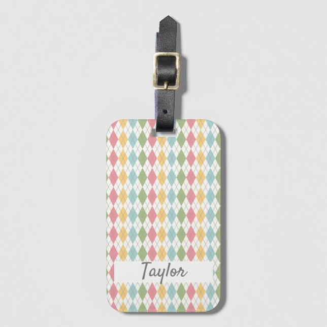 Pastel Argyle Pattern Personalised Luggage Tag (Front Vertical)
