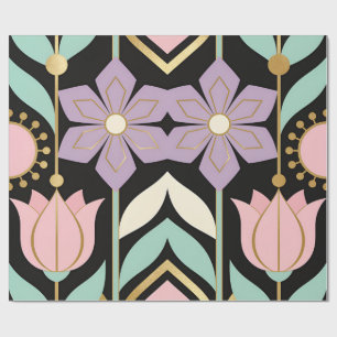 Pastel Art Deco Floral Black & Gold Wrapping Paper