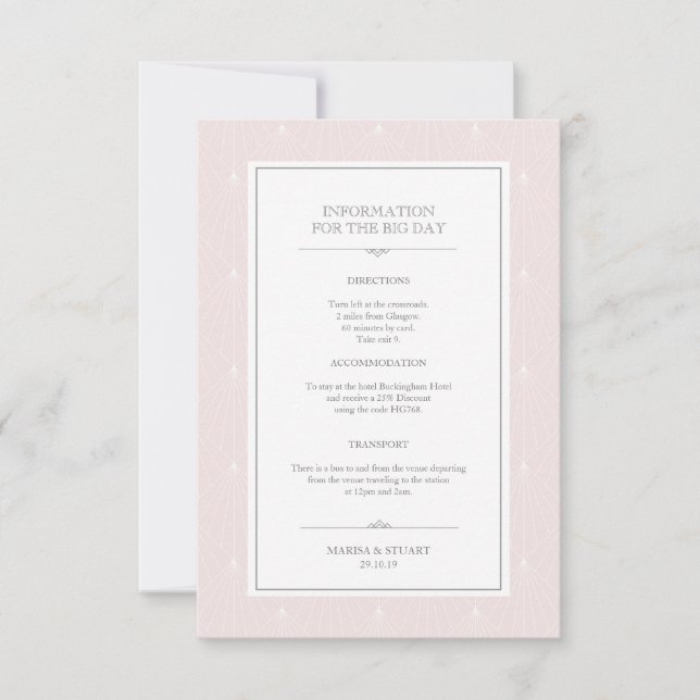 Pastel Art Deco Pink Wedding Information Card (Front)