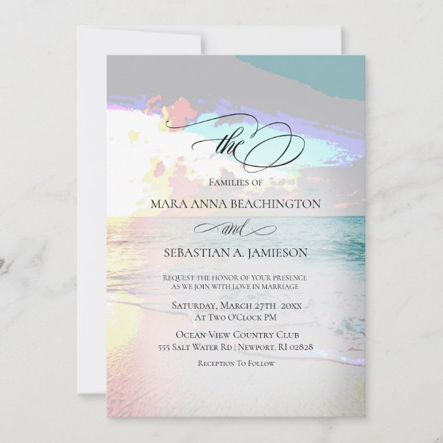 *~* Pastel Artsy Sunrise Beach Nautical  Wedding Invitation (Front)