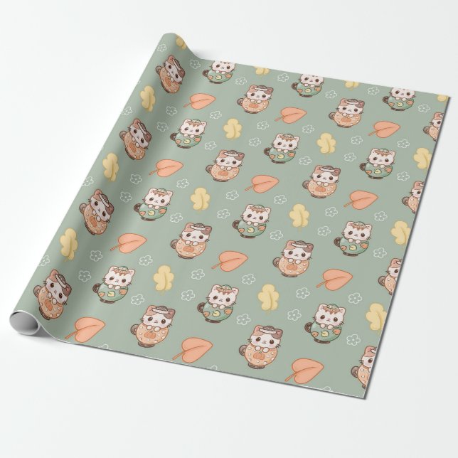 Pastel Autumn Cats in Mugs Pattern Wrapping Paper (Unrolled)
