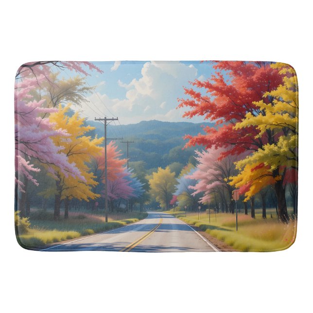 Pastel Autumn Country Road Watercolor Bath Mat (Front)