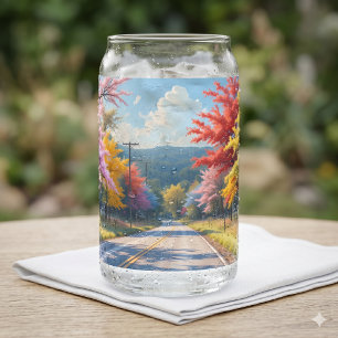 Pastel Autumn Country Road Watercolor Can Glass